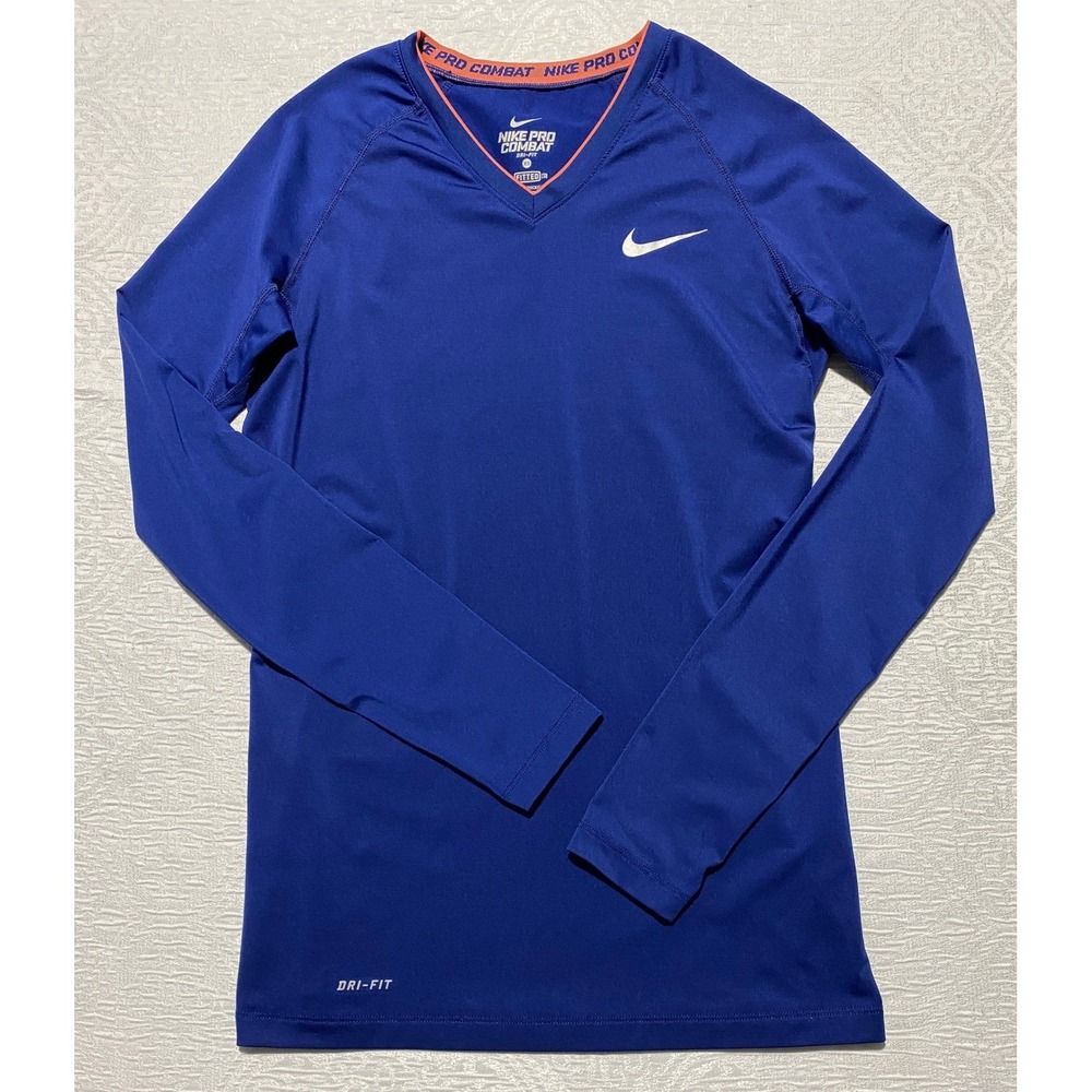 Nike Pro Combat Dri-Fit Women XS Blue Long Sleeve V-Neck Fitted Base Layer Shirt